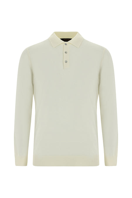 Ekru Polo Yaka Regular Fit Yünlü Kaşmirli Triko Kazak
