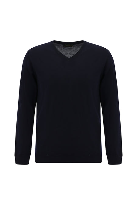 Koyu Lacivert V Yaka Regular Fit Yün Triko Kazak