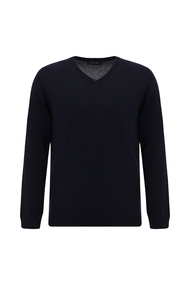 Koyu Lacivert V Yaka Regular Fit Yün Triko Kazak