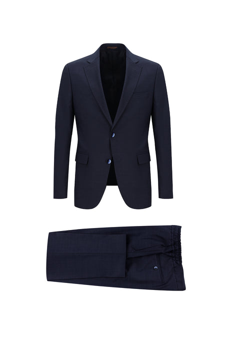 Koyu Lacivert Slim Fit Dar Kesim Yünlü Beli Lastikli İpli Takım Elbise