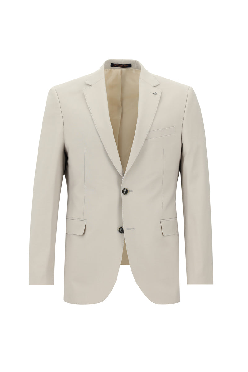 Orta Bej Slim Fit Dar Kesim Yünlü Klasik Takım Elbise