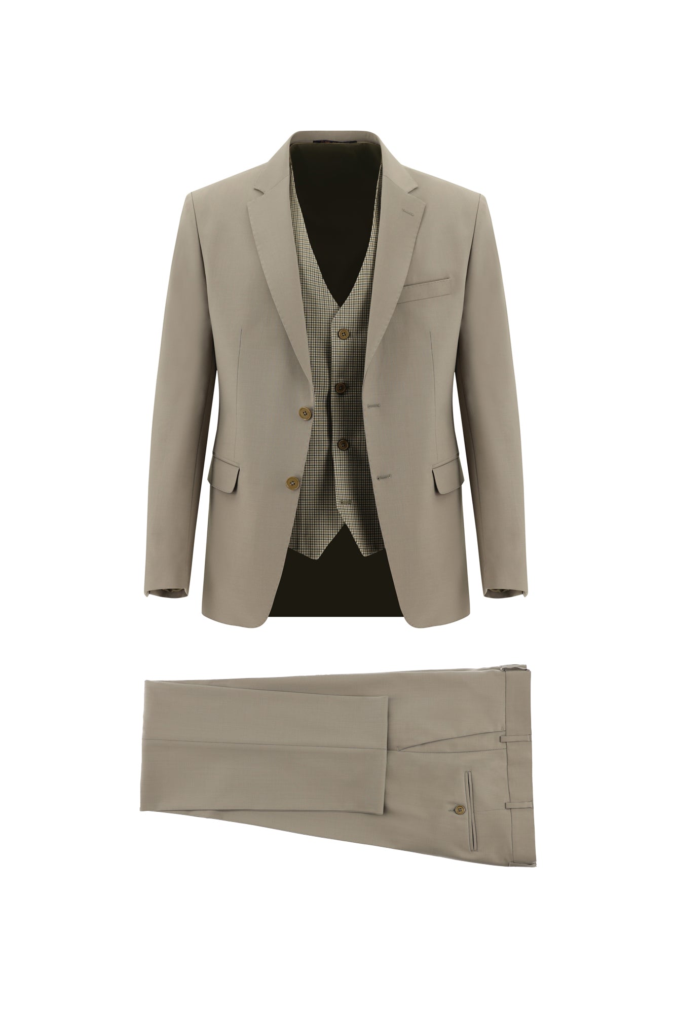 Koyu Bej Slim Fit Dar Kesim Yünlü Kombinli Yelekli Takım Elbise