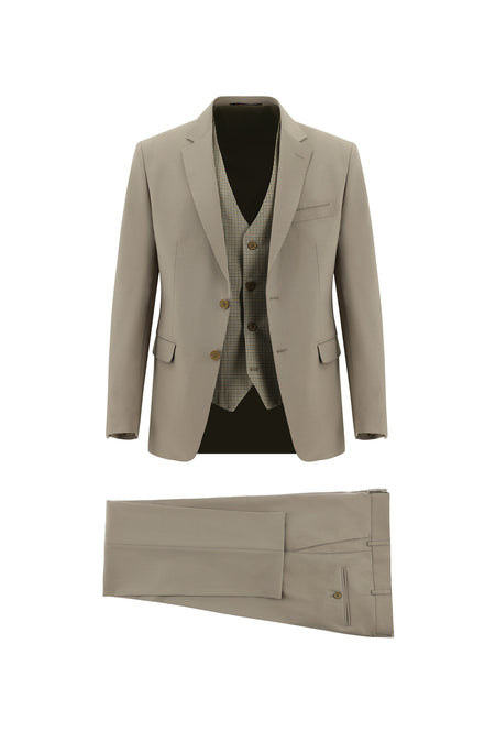 Koyu Bej Slim Fit Dar Kesim Yünlü Kombinli Yelekli Takım Elbise