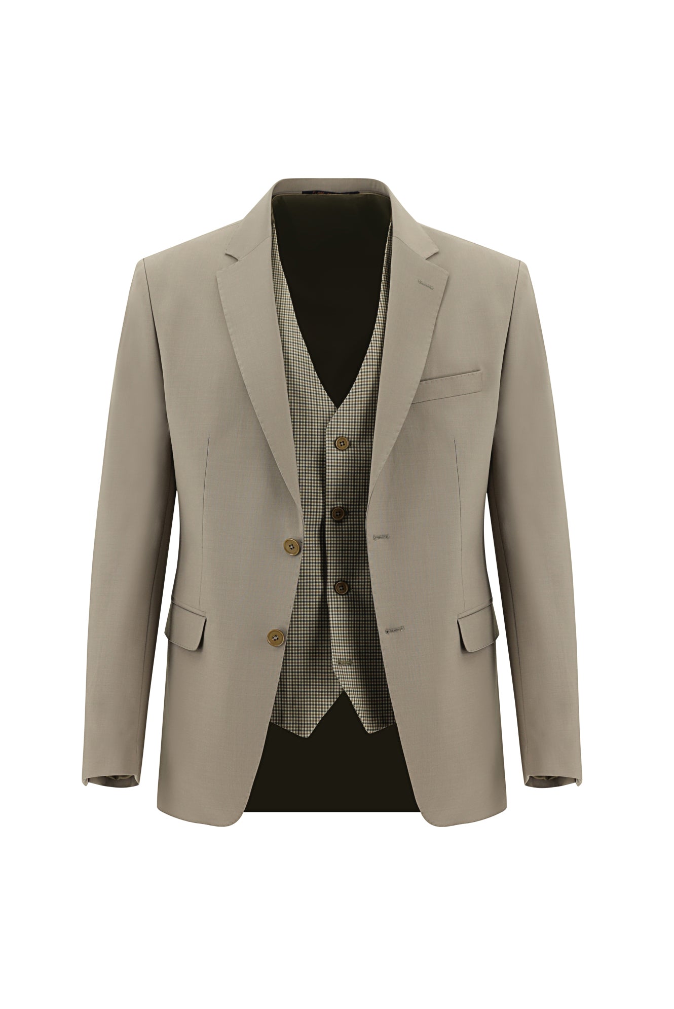 Koyu Bej Slim Fit Dar Kesim Yünlü Kombinli Yelekli Takım Elbise
