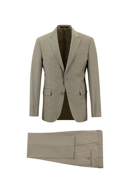 Koyu Bej Slim Fit Dar Kesim Yünlü Kombinli Takım Elbise