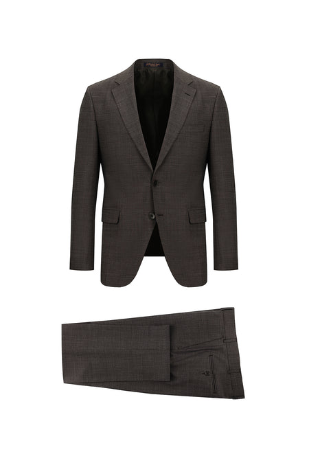 Koyu Kahve Slim Fit Dar Kesim Yünlü Klasik Desenli Takım Elbise