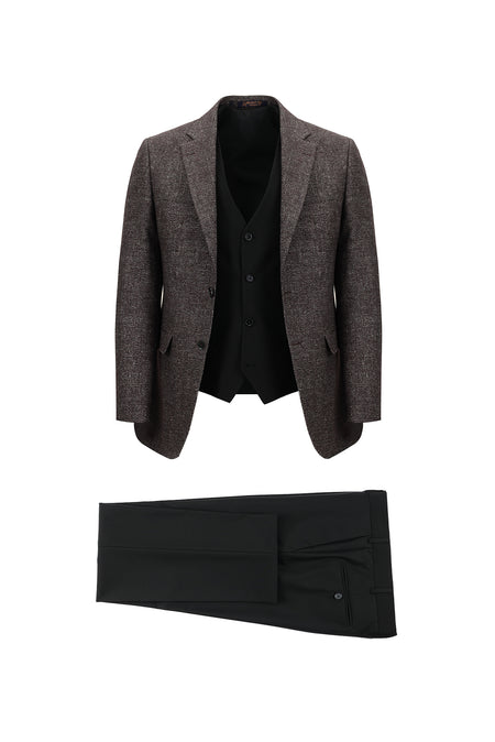 Koyu Bordo Slim Fit Dar Kesim Kombinli Yelekli Yünlü Keten Takım Elbise