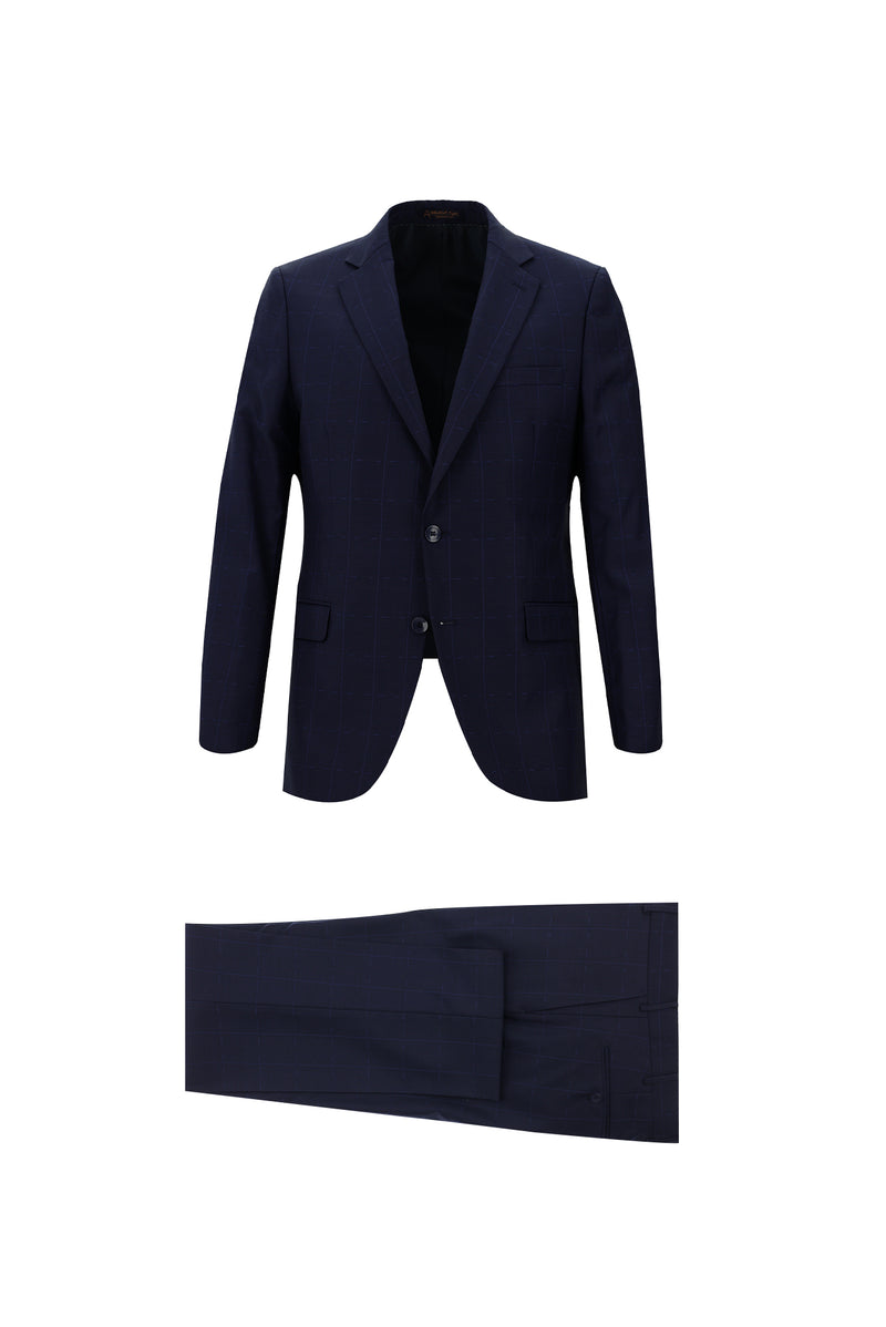 Orta Lacivert Slim Fit Dar Kesim Yünlü Klasik Kareli Takım Elbise