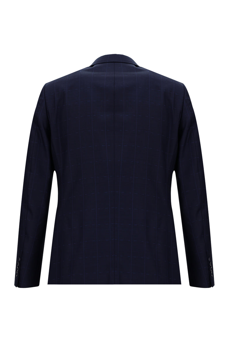 Orta Lacivert Slim Fit Dar Kesim Yünlü Klasik Kareli Takım Elbise