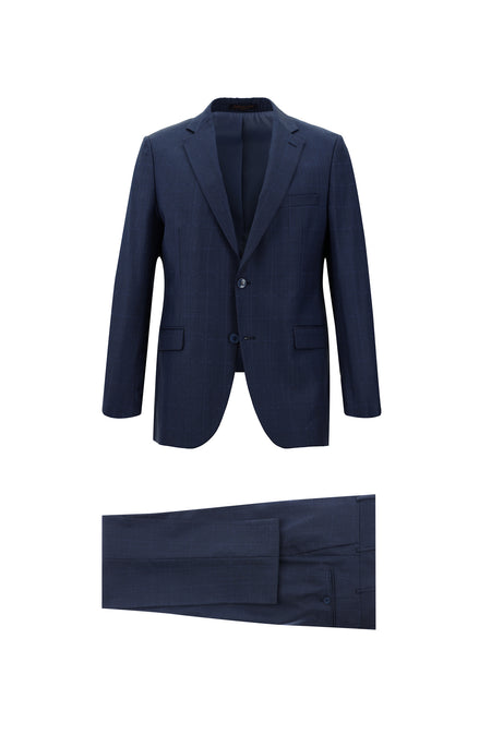 Orta Petrol Slim Fit Dar Kesim Yünlü Klasik Kareli Takım Elbise