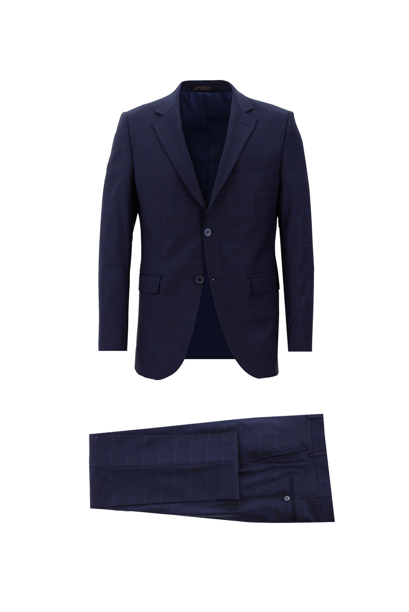 Orta Lacivert Regular Fit Yünlü Klasik Kareli Takım Elbise