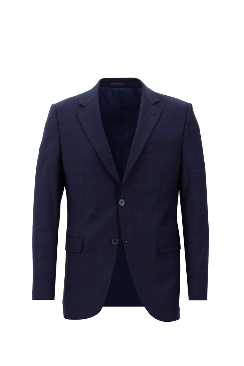 Orta Lacivert Regular Fit Yünlü Klasik Kareli Takım Elbise