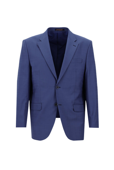 Koyu Mavi Relaxed Fit Rahat Kesim Yünlü Klasik Ekose Takım Elbise