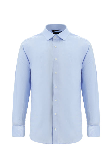 Açık Mavi Uzun Kol Slim Fit Dar Kesim Desenli Manşetli Pamuk Gömlek