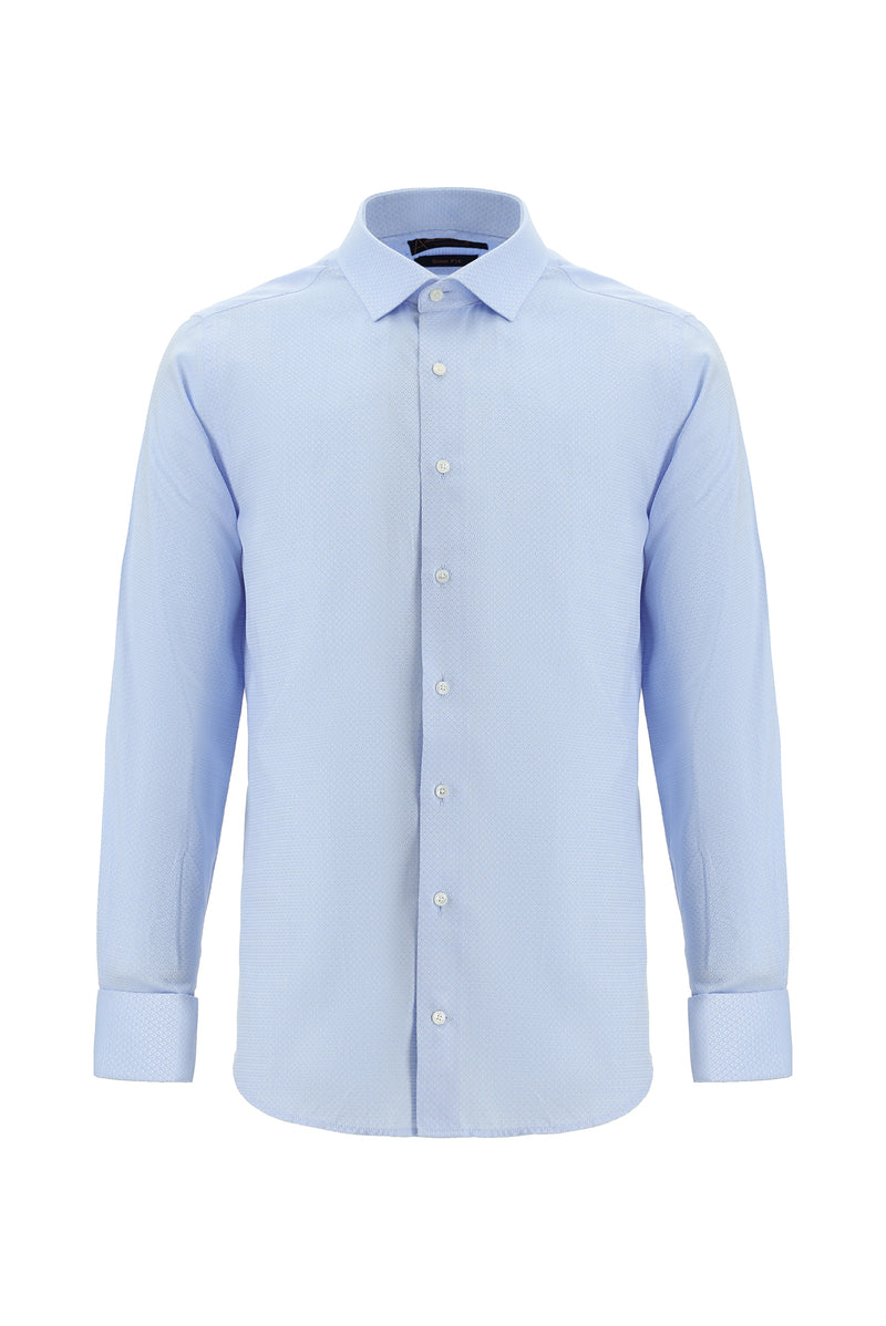 Açık Mavi Uzun Kol Slim Fit Dar Kesim Desenli Manşetli Pamuk Gömlek