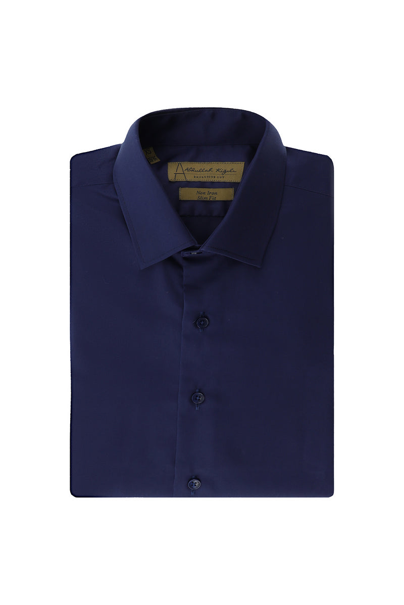 Koyu Lacivert Uzun Kol Slim Fit Dar Kesim Non Iron Saten Klasik Pamuk Gömlek