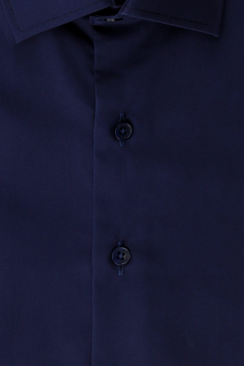 Koyu Lacivert Uzun Kol Slim Fit Dar Kesim Non Iron Saten Klasik Pamuk Gömlek