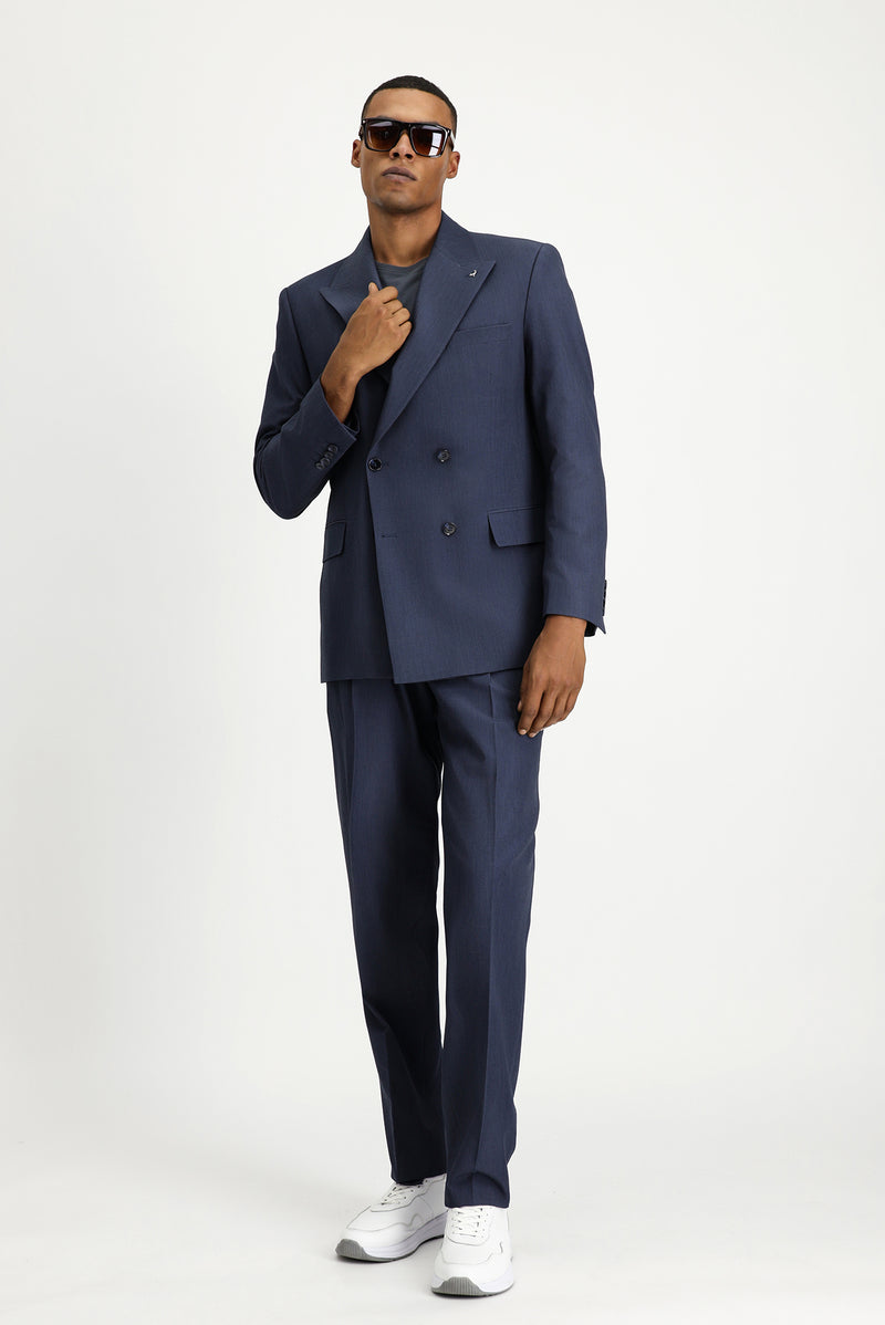 İndigo Oversize Ekstra Rahat Kalıp Kruvaze Takım Elbise