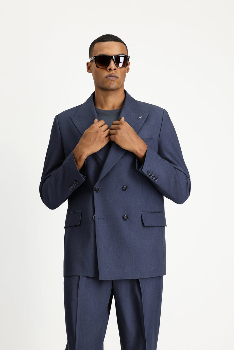 İndigo Oversize Ekstra Rahat Kalıp Kruvaze Takım Elbise