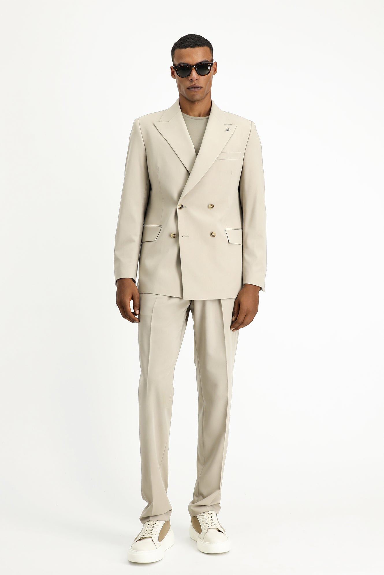 Orta Bej Oversize Ekstra Rahat Kalıp Kruvaze Takım Elbise