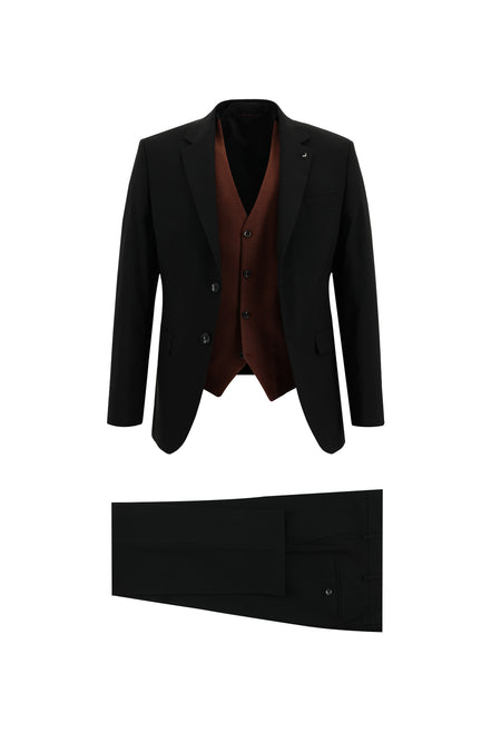 Siyah Slim Fit Dar Kesim Yünlü Kombinli Yelekli Takım Elbise