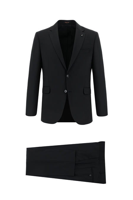 Siyah Slim Fit Dar Kesim Yünlü Klasik Takım Elbise