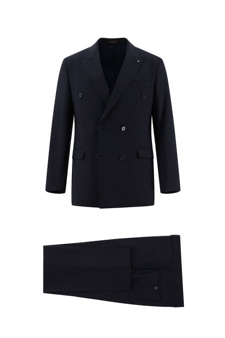 Koyu Lacivert Slim Fit Dar Kesim Yünlü Kruvaze Takım Elbise