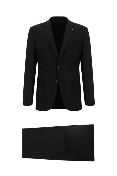 Siyah Slim Fit Dar Kesim Yünlü Klasik Takım Elbise