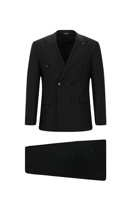 Siyah Slim Fit Dar Kesim Yünlü Kruvaze Takım Elbise