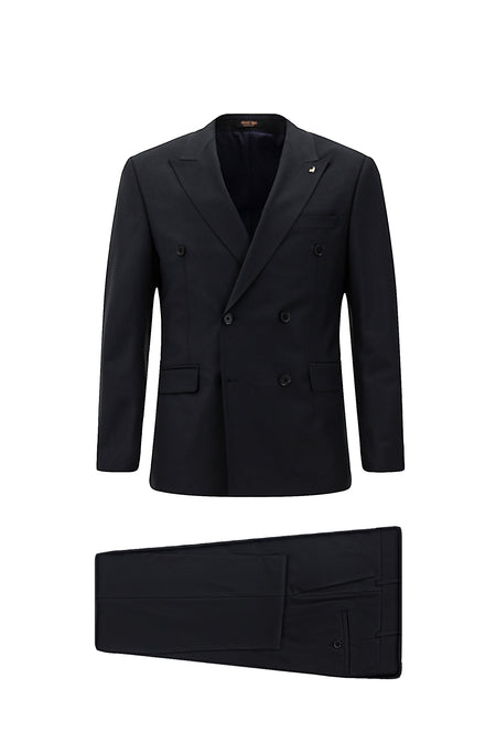Siyah Lacivert Slim Fit Dar Kesim Yünlü Kruvaze Takım Elbise