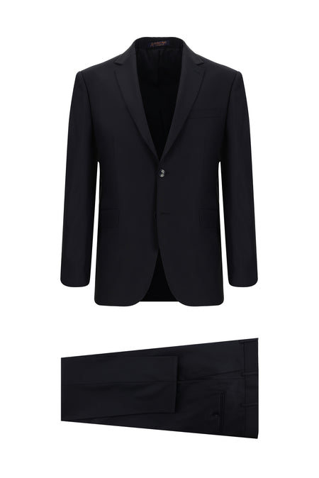 Siyah Lacivert Slim Fit Dar Kesim Yünlü Klasik Takım Elbise