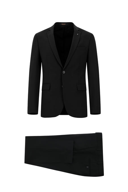 Siyah Super Slim Fit Ekstra Dar Kesim Yünlü Klasik Takım Elbise