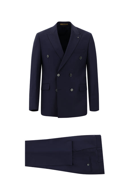 Orta Lacivert Slim Fit Dar Kesim Yünlü Kruvaze Takım Elbise