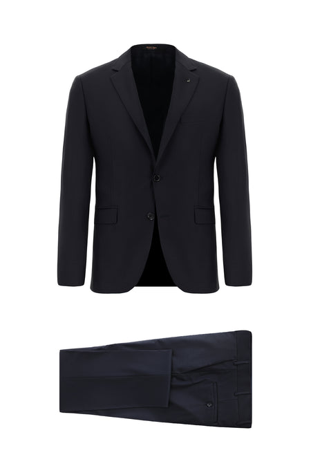 Siyah Lacivert Slim Fit Dar Kesim Yünlü Klasik Takım Elbise