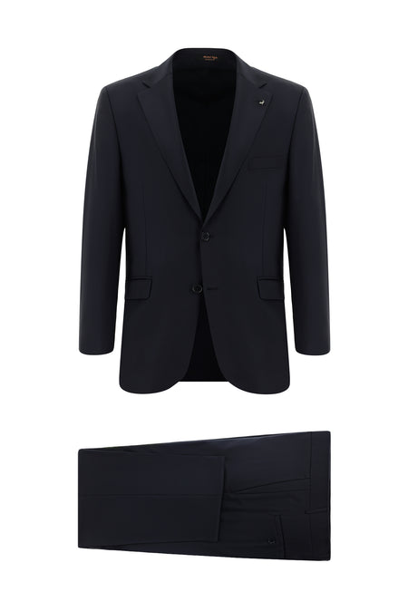 Koyu Lacivert Slim Fit Dar Kesim Yünlü Klasik Takım Elbise