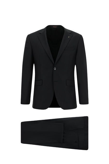 Siyah Slim Fit Dar Kesim Klasik Desenli Yünlü Takım Elbise