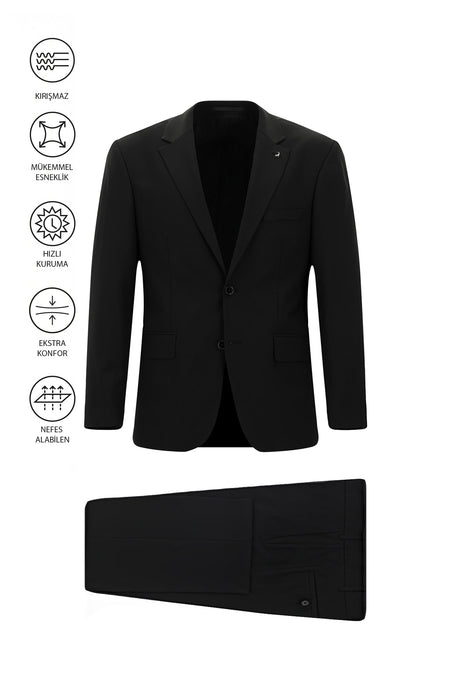 Siyah Çantalı Flex Suit Yünlü Klasik Takım Elbise