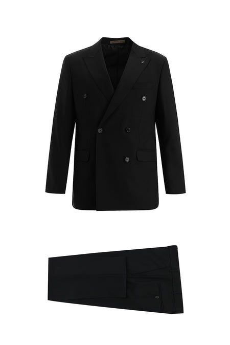 Siyah Slim Fit Dar Kesim Kruvaze Yünlü Takım Elbise