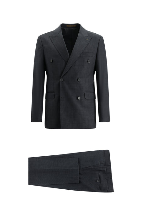 Koyu Füme Slim Fit Dar Kesim Kruvaze Desenli Yün Takım Elbise