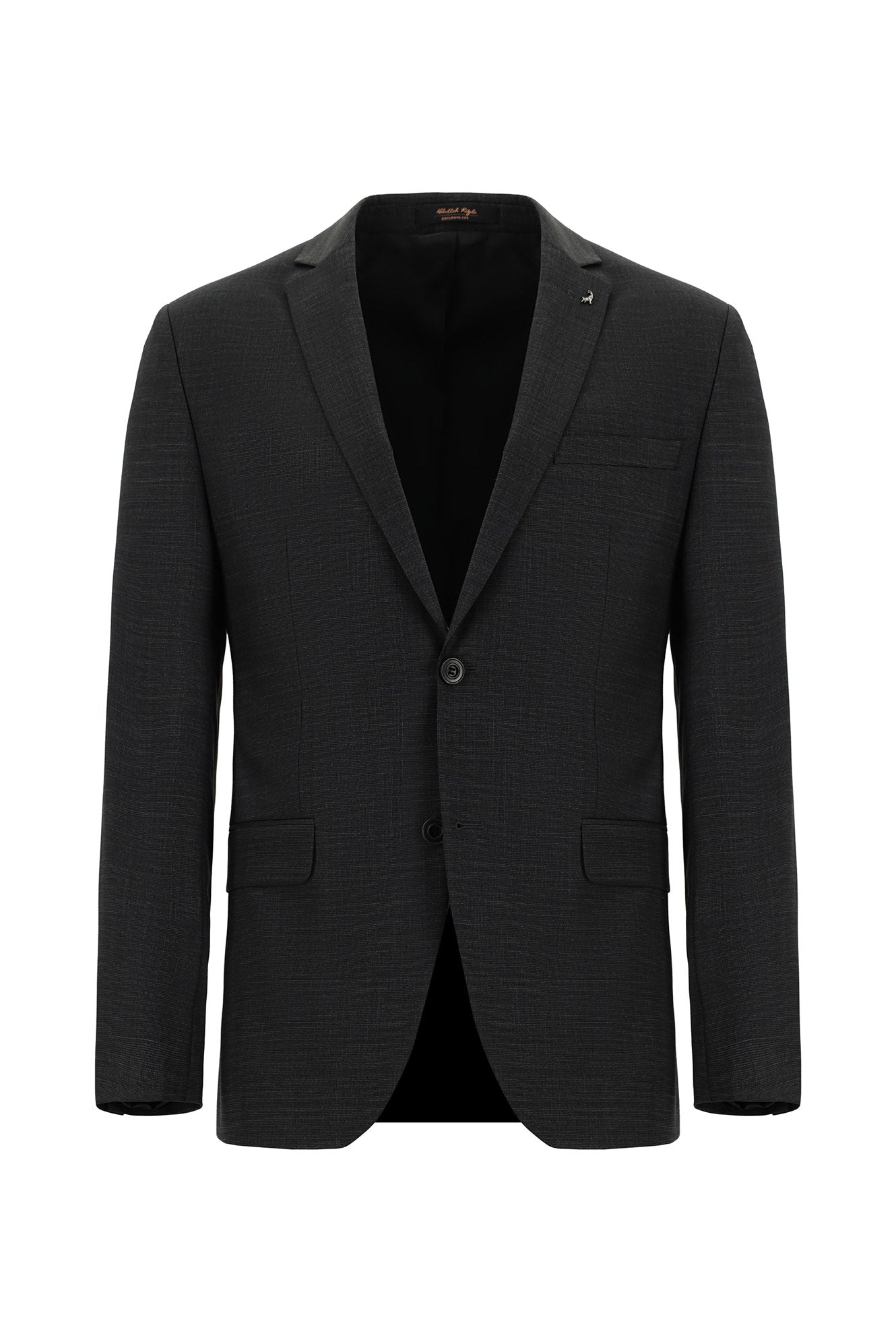 Koyu Antrasit Super Slim Fit Ekstra Dar Kesim Yünlü Desenli Takım Elbise