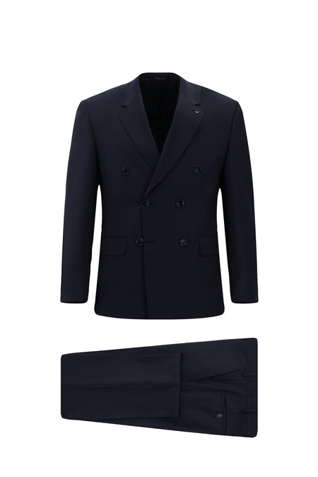 Orta Lacivert Slim Fit Dar Kesim Yünlü Desenli Kruvaze Takım Elbise
