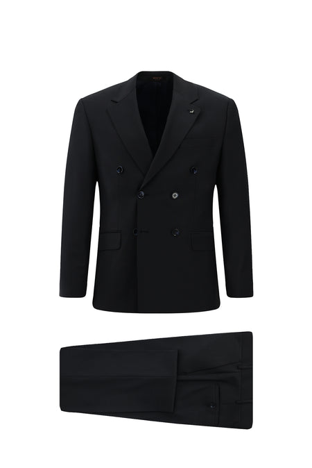 Koyu Lacivert Slim Fit Dar Kesim Yünlü Desenli Kruvaze Takım Elbise