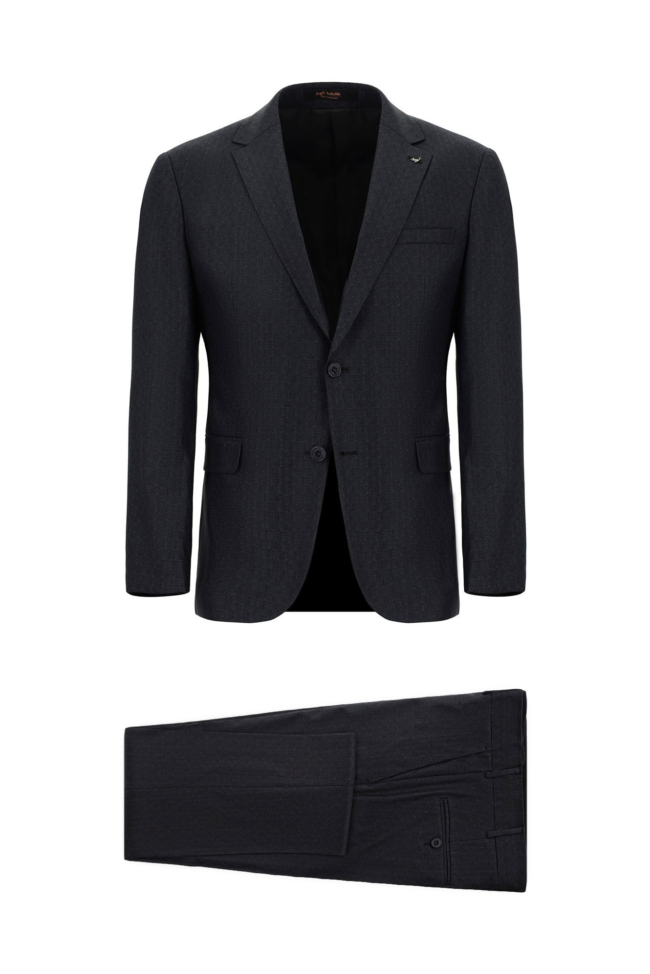 Koyu Antrasit Slim Fit Dar Kesim Yünlü Klasik Desenli Takım Elbise