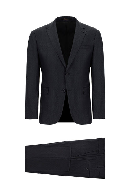 Koyu Antrasit Slim Fit Dar Kesim Yünlü Klasik Desenli Takım Elbise