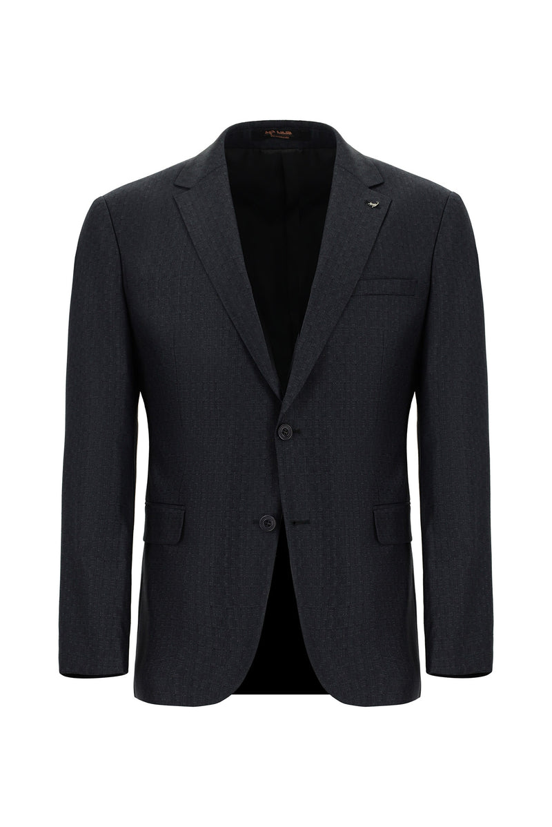 Koyu Antrasit Slim Fit Dar Kesim Yünlü Klasik Desenli Takım Elbise
