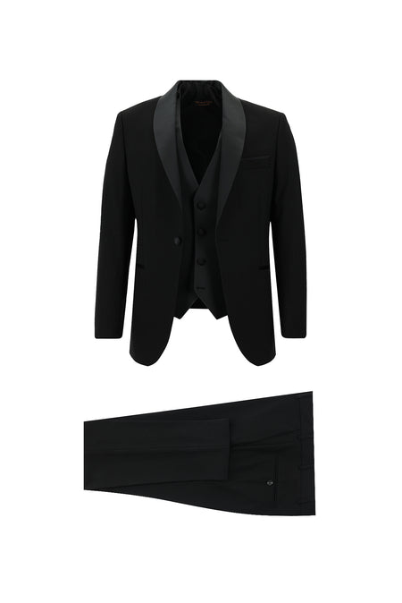 Siyah Slim Fit Dar Kesim Yünlü Şal Yaka Yelekli Smokin & Damatlık