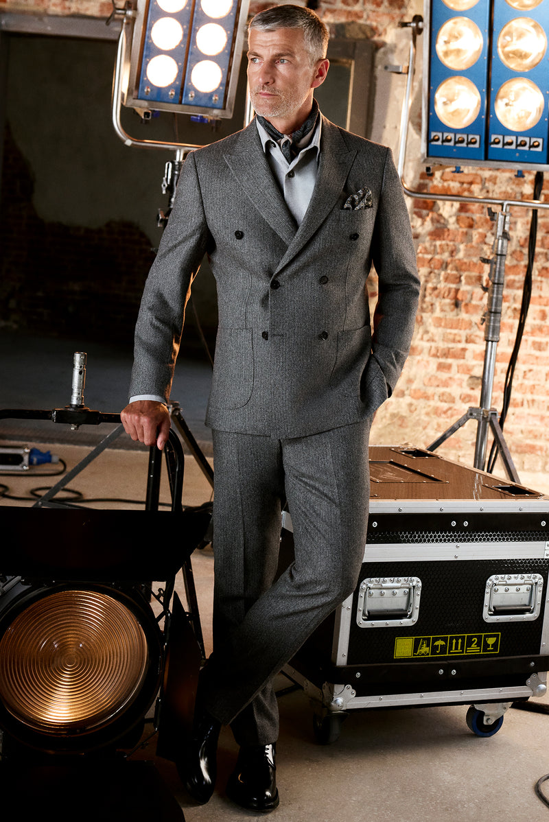 Koyu Füme Slim Fit Dar Kesim Desenli Yünlü Kruvaze Takım Elbise