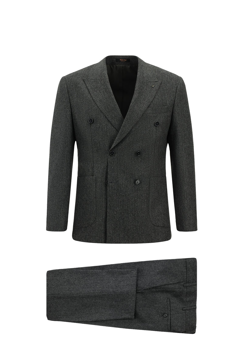 Koyu Füme Slim Fit Dar Kesim Desenli Yünlü Kruvaze Takım Elbise