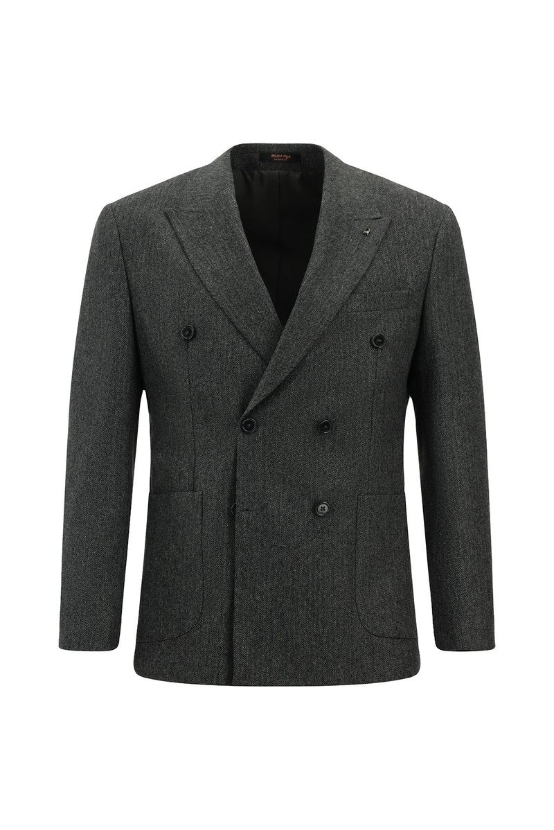 Koyu Füme Slim Fit Dar Kesim Desenli Yünlü Kruvaze Takım Elbise