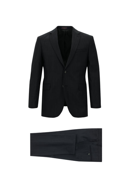 Siyah Slim Fit Dar Kesim Yünlü Klasik Desenli Takım Elbise